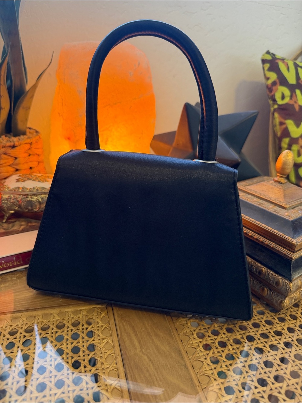 Black Satin Top-Handle Evening Bag with Crystal Bow - Picture 3 of 7